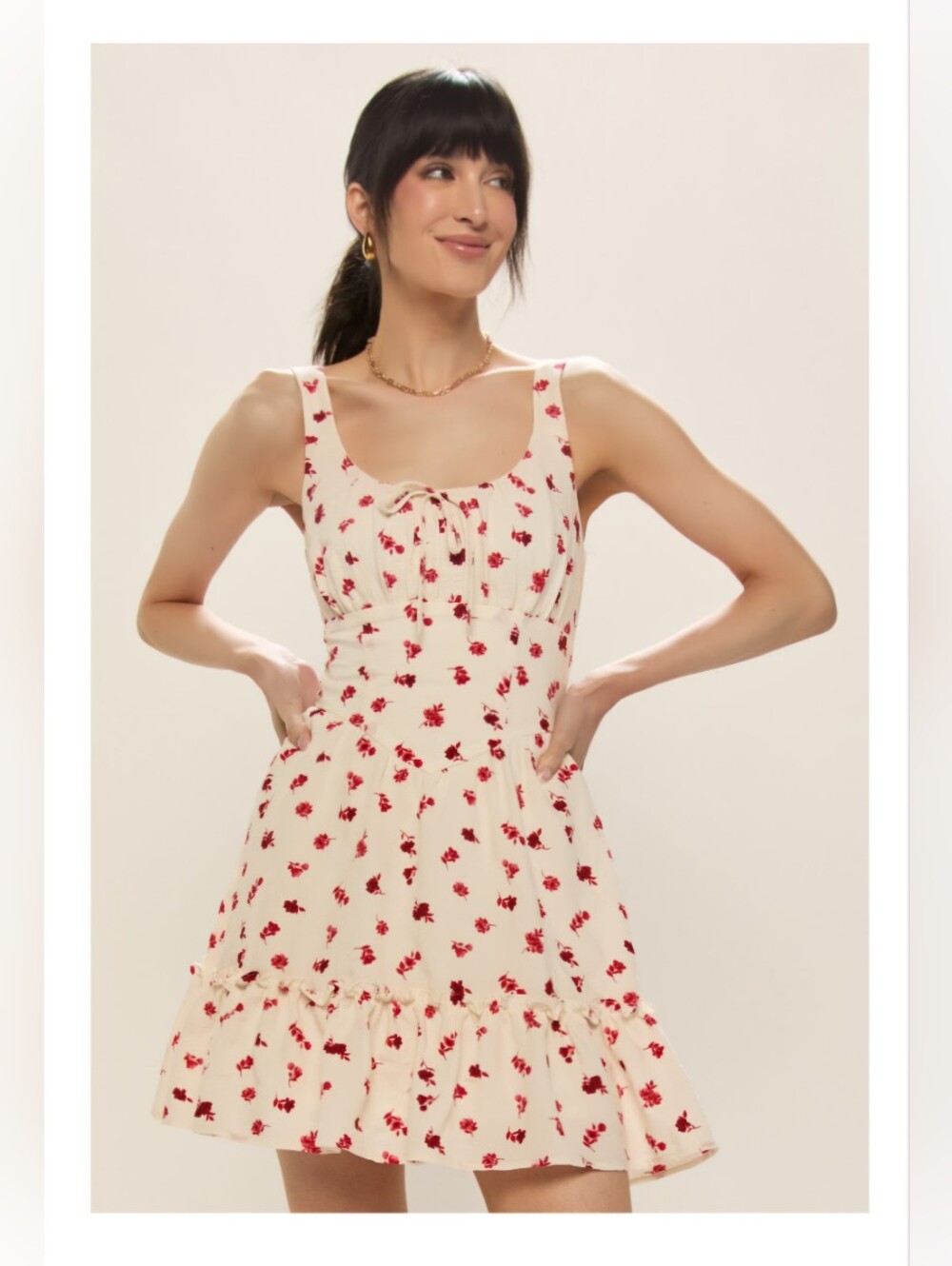 Francesca's Cream Ruffle Mini Dress w/ Red Ditsy Floral Pattern READ DESCRIPTION